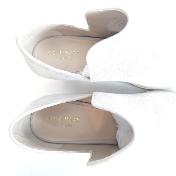 Cole Haan Suede Open Toe Booties Slip-On Taupe Perforated New - Picture 11 of 14